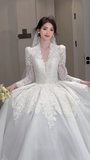 Niulatu Ball Gown V Neck Tulle Lace Long Sleeves With Train Long Wedding Dresses HZ1110