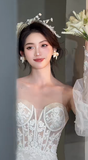 Niulatu Mermaid Sweetheart Tulle Lace With Sleeves Long Wedding Dresses HZ1110