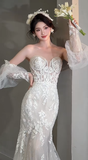 Niulatu Mermaid Sweetheart Tulle Lace With Sleeves Long Wedding Dresses HZ1110