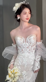 Niulatu Mermaid Sweetheart Tulle Lace With Sleeves Long Wedding Dresses HZ1110