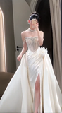 Niulatu Mermaid Off The Shoulder Satin Beaded Slit Long Wedding Dresses HZ1110