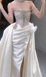 Niulatu Mermaid Off The Shoulder Satin Beaded Slit Long Wedding Dresses HZ1110