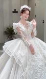 Niulatu Ball Gown Tulle Sequin Beaded Long Sleeves Long Wedding Dresses HZ1110