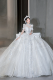 Niulatu Ball Gown Satin Tulle Sequin Beaded Long Sleeves Long Wedding Dresses HZ1110