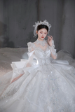 Niulatu Ball Gown Satin Tulle Sequin Beaded Long Sleeves Long Wedding Dresses HZ1110