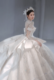 Niulatu Ball Gown Satin Tulle Sequin Beaded Long Sleeves Long Wedding Dresses HZ1110