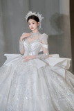 Niulatu Ball Gown Satin Tulle Sequin Beaded Long Sleeves Long Wedding Dresses HZ1110