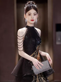 Niulatu A line High Neckline Long Black Prom Dress HZ1110