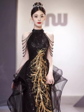 Niulatu A line High Neckline Long Black Prom Dress HZ1110