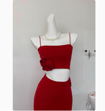 Cute Mermaid Spaghetti Straps 2 Pieces Red Long Summer Dress For Women HZ1214