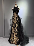 Niulatu A line High Neckline Long Black Prom Dresses HZ1110