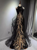 Niulatu A line High Neckline Long Black Prom Dresses HZ1110