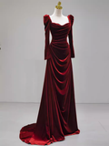 Niulatu Mermaid Long Sleeves Burgundy Velvet Prom Dresses HZ1110