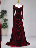 Niulatu Mermaid Long Sleeves Burgundy Velvet Prom Dresses HZ1110