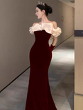 Niulatu Mermaid Burgundy Velvet Prom Dresses With Gloves HZ1110
