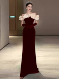 Niulatu Mermaid Burgundy Velvet Prom Dresses With Gloves HZ1110
