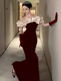 Niulatu Mermaid Burgundy Velvet Prom Dresses With Gloves HZ1110