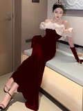 Niulatu Mermaid Burgundy Velvet Prom Dresses With Gloves HZ1110