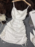 Niulatu 19th White Mermaid Spaghetti Straps Satin Pleated Short Homecoming Dress Birthday Outfits HZ1110