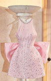 Niulatu Pink A Line Halter Satin Sequin Short Homecoming Dress Birthday Outfits HZ1110