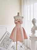 Niulatu Pink A Line Spaghetti Straps Satin Bow Short Homecoming Dress18th Birthday Outfits HZ1110
