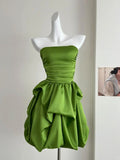 Niulatu A Line Strapless Green Satin Pleated Short Homecoming Dress 18th Birthday Outfits HZ1110