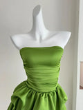 Niulatu A Line Strapless Green Satin Pleated Short Homecoming Dress 18th Birthday Outfits HZ1110