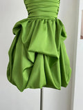 Niulatu A Line Strapless Green Satin Pleated Short Homecoming Dress 18th Birthday Outfits HZ1110
