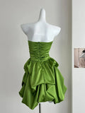 Niulatu A Line Strapless Green Satin Pleated Short Homecoming Dress 18th Birthday Outfits HZ1110