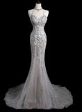 Niulatu Mermaid Halter Tulle Sequin Beads Long Prom Dresses Formal Dress HZ1110