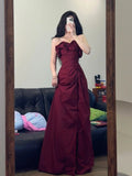Niulatu A Line Strapless Burgundy Satin Long Prom Dresses Formal Dress HZ1110