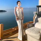 Niulatu Mermaid Spaghetti Straps White Satin Applique Slit Long Prom Dresses Formal Dress HZ1110