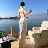 Niulatu Mermaid Spaghetti Straps White Satin Applique Slit Long Prom Dresses Formal Dress HZ1110