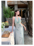 Niulatu A Line Halter Satin Chiffon Long Prom Dresses Formal Dress HZ1110