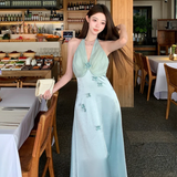 Niulatu A Line Halter Satin Chiffon Long Prom Dresses Formal Dress HZ1110