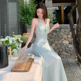 Niulatu A Line Halter Satin Chiffon Long Prom Dresses Formal Dress HZ1110