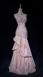 Niulatu A Line Spaghetti Straps Pink Satin Long Prom Dresses Formal Dress HZ1110