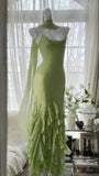 Niulatu Green Mermaid Spaghetti Straps Chiffon Long Prom Dresses Formal Dress HZ1110