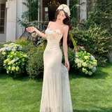 Niulatu Mermaid Spaghetti Straps Satin Lace Applique Long Prom Dresses Formal Dress HZ1110