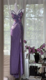 Niulatu Mermaid Spaghetti Straps Purple Satin Sequin Long Prom Dresses Formal Dress HZ1110