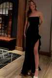 Niulatu Mermaid Strapless Black Satin Slit Long Prom Dresses Formal Dress HZ1110