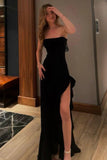 Niulatu Mermaid Strapless Black Satin Slit Long Prom Dresses Formal Dress HZ1110