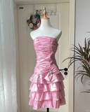 Niulatu A Line Strapless Pink Satin Pleated Short Homecoming Dress 17th Birthday Outfits HZ1110