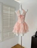 Niulatu A Line Halter Chiffon Lace Tiered Short Homecoming Dress 16th Birthday Outfits HZ1110