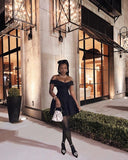 Niulatu A Line Off The Shoulder Black Satin Short Homecoming Dress 19th Birthday Outfits HZ1110