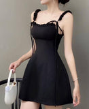 Niulatu A Line Spaghetti Straps Black Satin Short Homecoming Dress 17th Birthday Outfits HZ1110
