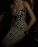 Niulatu Mermaid Spaghetti Straps Satin Beads Long Prom Dresses Formal Dress HZ1110