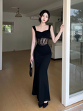 Niulatu Mermaid Sweetheart Black Satin Lace Long Prom Dresses Formal Dress HZ1110