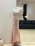 Niulatu Mermaid Strapless Pink Satin Beads Pleated Long Prom Dresses Formal Dress HZ1110