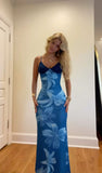 Niulatu Mermaid Spaghetti Straps Satin Printed Long Prom Dresses Formal Dress HZ1110
